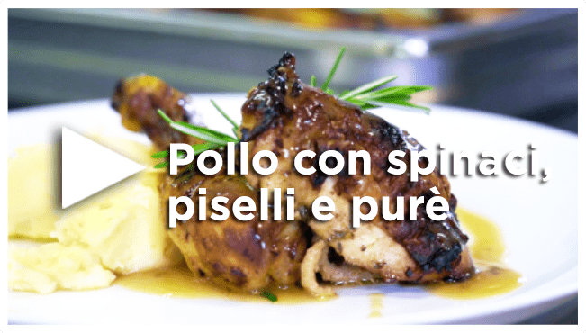 Pollo con spinaci, piselli e purè