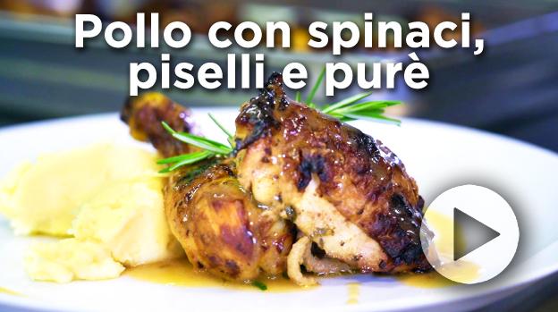 Pollo con spinaci, piselli e pure