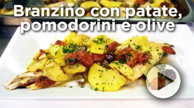 BRANZINO CON PATATE, POMODORINI E OLIVE